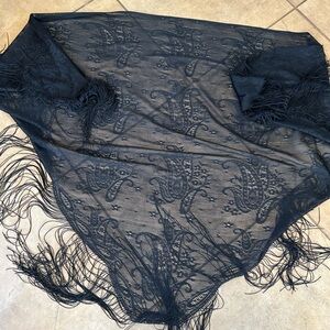 Elegant Black Lace Shawl with Fringe
